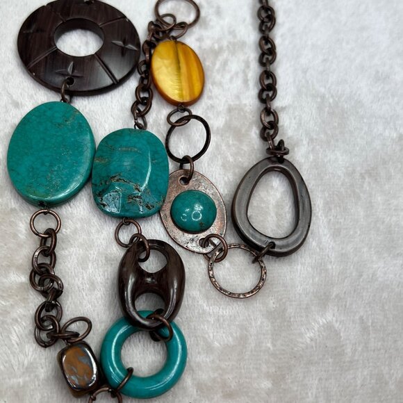 Chunky Statement Necklace Long Boho Southwestern Turquoise Color Bronze Brown - Picture 4 of 5
